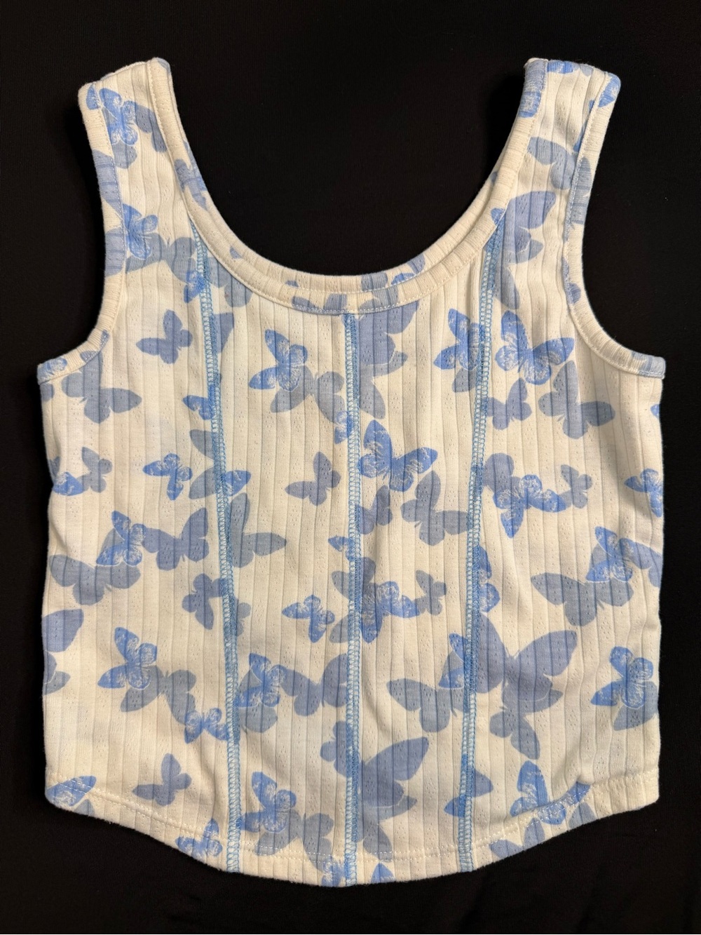 Girls Butterfly Print Ribbed Tank Top - White & Light Blue